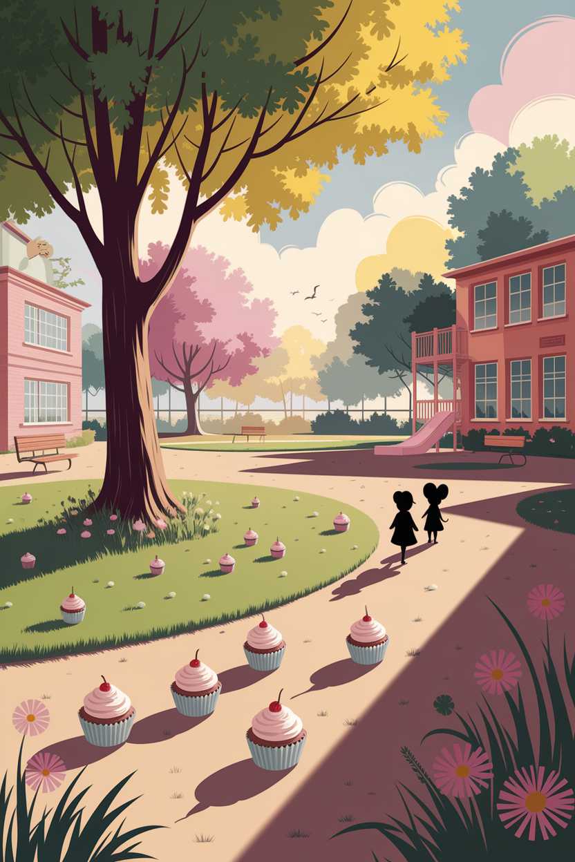 The cover is visually appealing, colorful, and has a warm and cheerful atmosphere. The use of soft pastel tones and the presence of a playground setting make it inviting for children. The cupcakes add a whimsical touch, enhancing its charm. However, the silhouetted characters may not be as immediately engaging as fully illustrated ones with expressions, and the title 'Mathilde' is missing. Additionally, there is some ambiguity in the scene composition with the large cupcakes scattered along the ground, which might cause a slight sense of inconsistency.